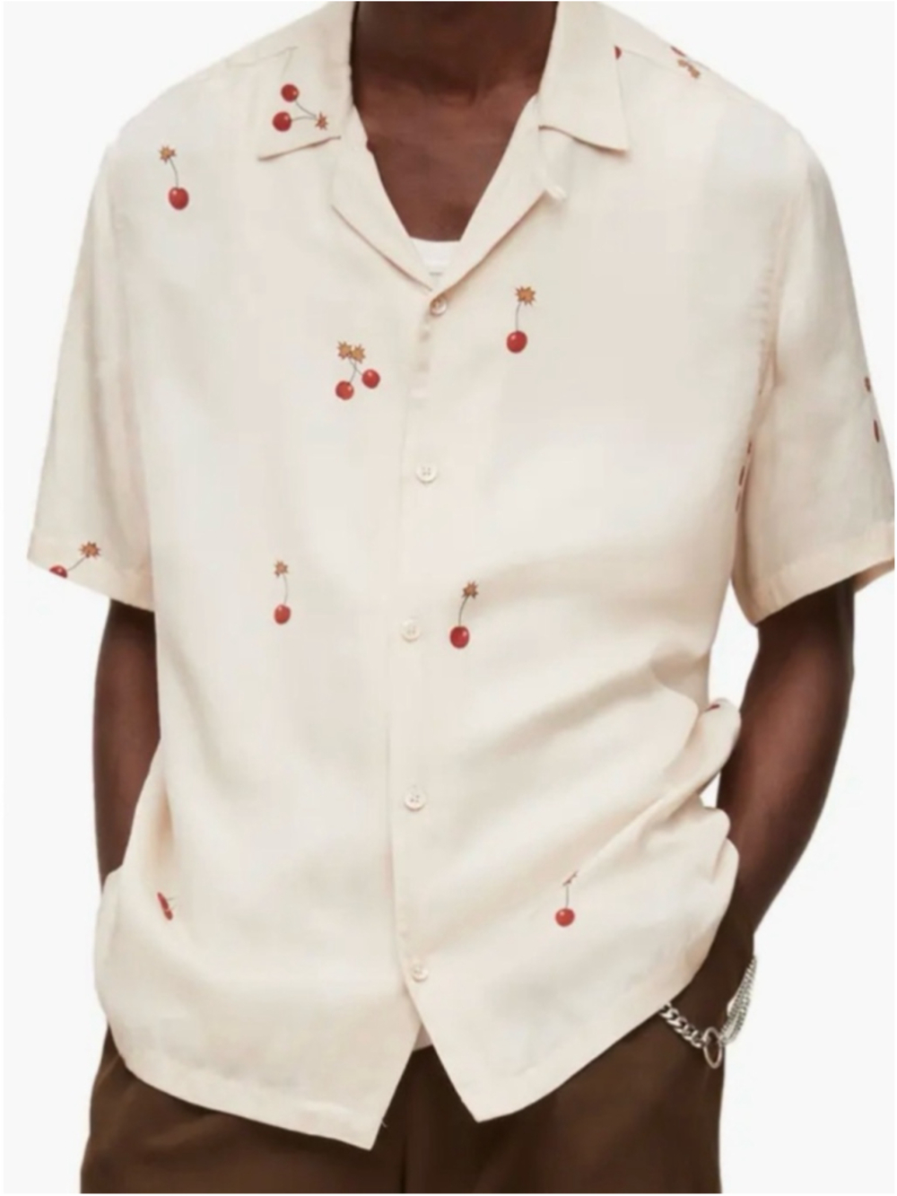 All Saints Cream Short-Sleeve Button-Down Shirt with Cherry bomb - Picture 3 of 10